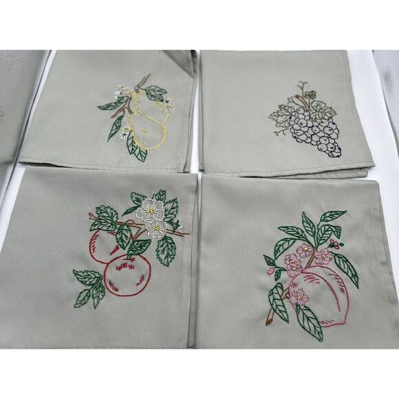 4 Hand Embroidery Table Napkins Fruit Theme Peach Cherry Grape Pear Kitchen - Picture 1 of 6